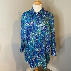 Lauren Ralph Lauren Women’s 2X Blue Paisley  Button‎ Up Shirt Top 100% Cotton